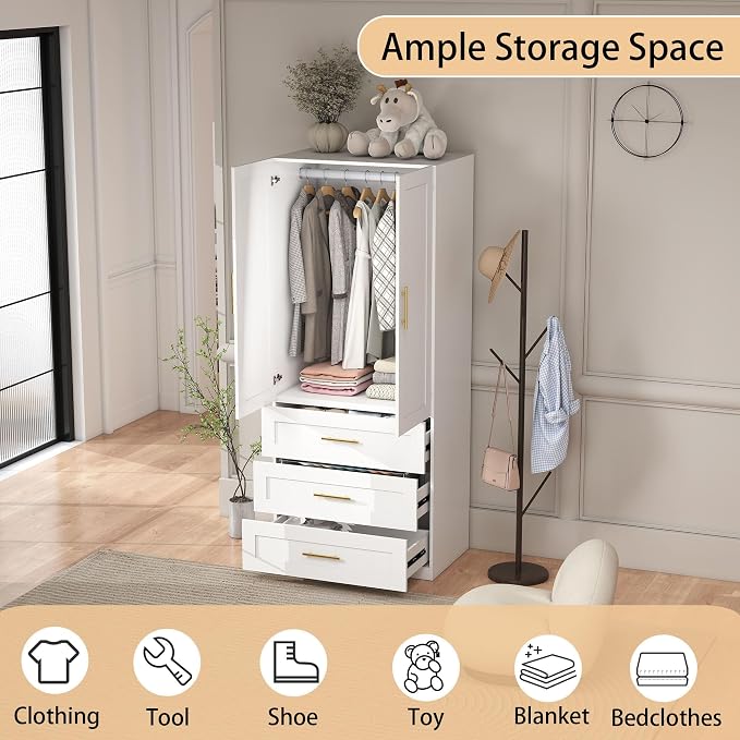 White Wardrobe with 2 Doors: 75" Tall Armoire Wardrobe Closet with 3 Drawers, Bedroom Armoires for Hanging Clothes, Wooden Closet Storage Cabinet with Shelves (Modern, 1)