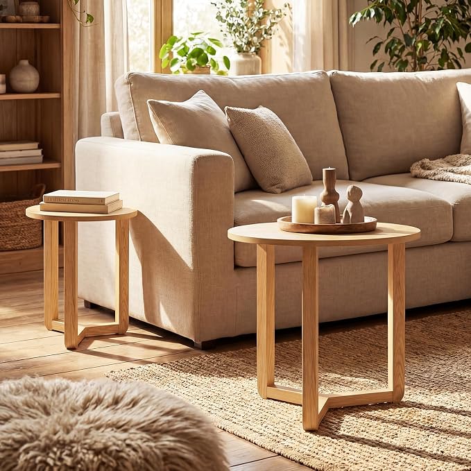 Giantex Round Nesting Coffee Table Set of 2, Wood Nesting End Tables with Thickened Top & Solid Rubber Wood Legs, Farmhouse Sofa Side Table for Small Spaces Living Room Bedroom (Natural)