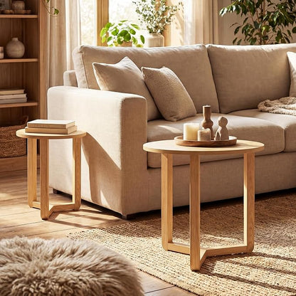 Giantex Round Nesting Coffee Table Set of 2, Wood Nesting End Tables with Thickened Top & Solid Rubber Wood Legs, Farmhouse Sofa Side Table for Small Spaces Living Room Bedroom (Natural)