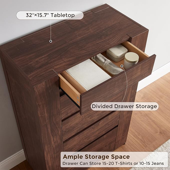 OKD 5 Drawer Dresser for Bedroom, 48" Tall Dresser Chest of Drawers with Thick Wood Design, Handleless, Modern Bedroom Dresser, Storage Organizer for Living Room/Entryway, Dark Walnut