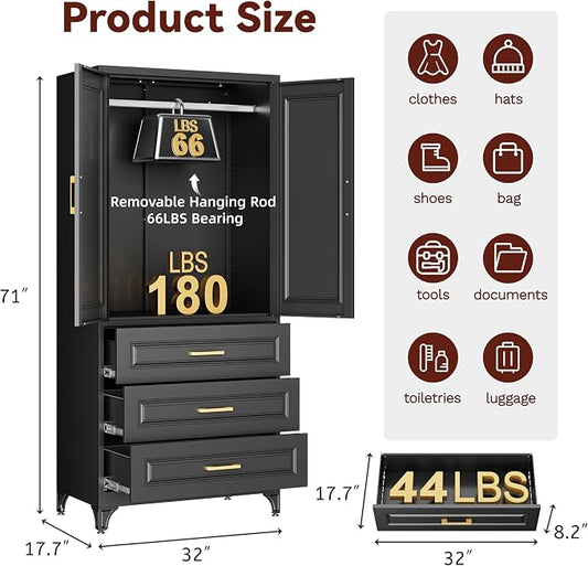 Metal Armoire Wardrobe Closet with Hanging Rod, 71" Tall Wardrobe Cabinet with Doors and 3 Drawers, Clothing Storage Cabinets for Bedroom, Home Office