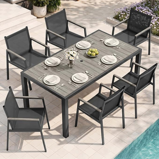 Outdoor Dining Set, 7 Piece Aluminum Patio Table and Chairs Set, All Weather Patio Dining Furniture Set with Umbrella Hole for Backyard, Deck, Poolside (Gray)