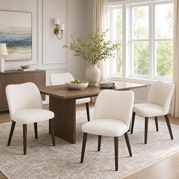 COLAMY Dining Chairs Set of 4, Upholstered Fabric Kitchen Chairs with Curved Back, Padded Seat and Solid Wood Legs, Modern Dining Chair for Kitchen Dining Room, Beige