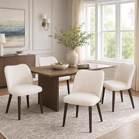 COLAMY Dining Chairs Set of 4, Upholstered Fabric Kitchen Chairs with Curved Back, Padded Seat and Solid Wood Legs, Modern Dining Chair for Kitchen Dining Room, Beige