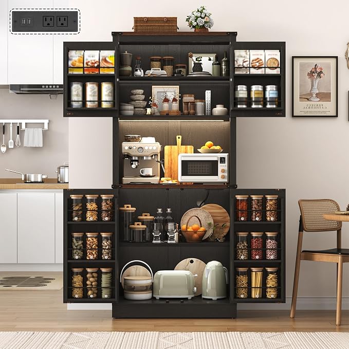 72" Tall Farmhouse Kitchen Pantry Cabinet with LED Light and Power Outlet,Modern Farmhouse Kitchen Storage Cabinet w Load-Bearing Steel Pipe,Barn Doors, Organizer,Food Pantry Cabinets(2PC Black)