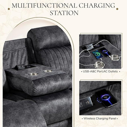 Power Reclining Sofa with Zero Gravity, Adjustable Headrest, Electric Reclining Couch with Wireless Charge, Outlets, Power Loveseat Recliner Sofa for Living Room (Grey, 3 Seater Sofa)