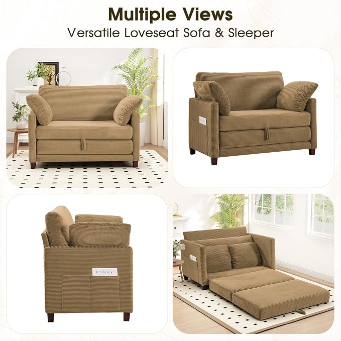 Myroyalsit 51" Convertible Loveseat Sofa Bed, 2-in-1 Folding Sofa Bed with 2 Pillow for Small Spaces, Modern Loveseat Sleeper Couch for Apartment, Living Room & Guest Room (Brown Corduroy, 51 inch)
