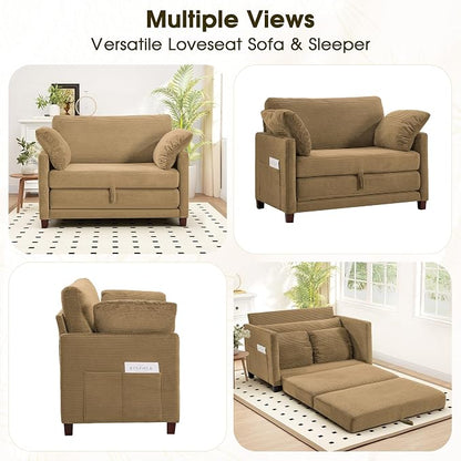 Myroyalsit 51" Convertible Loveseat Sofa Bed, 2-in-1 Folding Sofa Bed with 2 Pillow for Small Spaces, Modern Loveseat Sleeper Couch for Apartment, Living Room & Guest Room (Brown Corduroy, 51 inch)