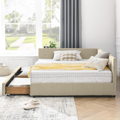 Bellemave Full Size Corner Bed Frame with Storage Drawers, Comfortable Backrest and Armrests, Velvet Tufted Corner Bed Frame Full Size, Upholstered Daybed for Bedroom, Living Room, Guest Room, Beige
