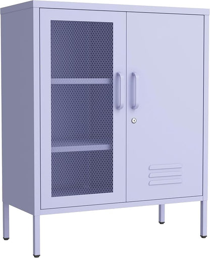 Purple Lockable Mesh & Metal Door Storage Cabinet, 3-Tier Heavy Duty Steel Locker with 2 Adjustable Shelves, Accent Cabinet for Living Room, Home Office, 33" H x 29.5" W x 13.8" D