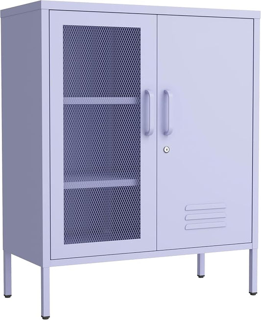 Purple Lockable Mesh & Metal Door Storage Cabinet, 3-Tier Heavy Duty Steel Locker with 2 Adjustable Shelves, Accent Cabinet for Living Room, Home Office, 33" H x 29.5" W x 13.8" D