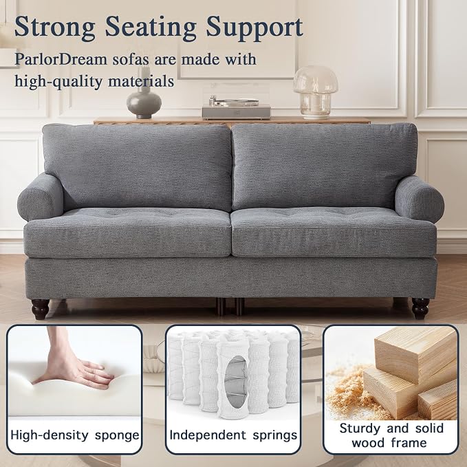 81” Sofa Couch with Storage, Mid Century Modern Decor Loveseat Couches for Living Room, Button Tufted Upholstered Small Couch for Bedroom, Apartment (Gray)