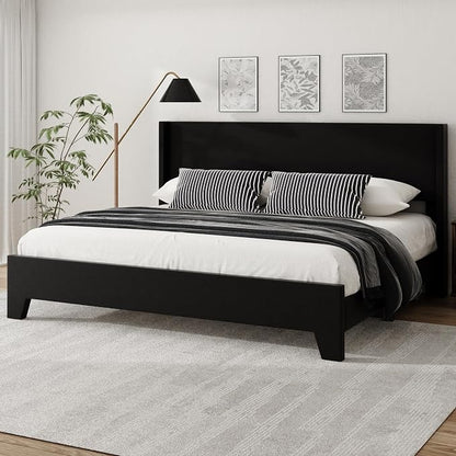 King Bed Frame with Faux Leather Upholstered Headboard, Wear-Resistant, Easy Clean, Mattress Foundation, No Box Spring Required, Easy Assembly, Black