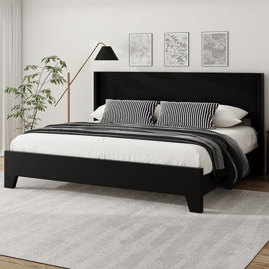 King Bed Frame with Faux Leather Upholstered Headboard, Wear-Resistant, Easy Clean, Mattress Foundation, No Box Spring Required, Easy Assembly, Black