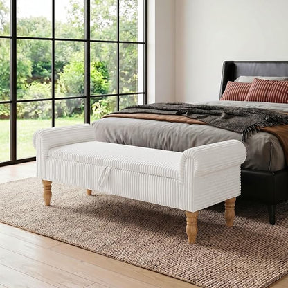 Storage Bench for Bedroom, 60" End of Bed Bench Premium Linen Upholstered Storage Ottoman, Entryway, Closet, White