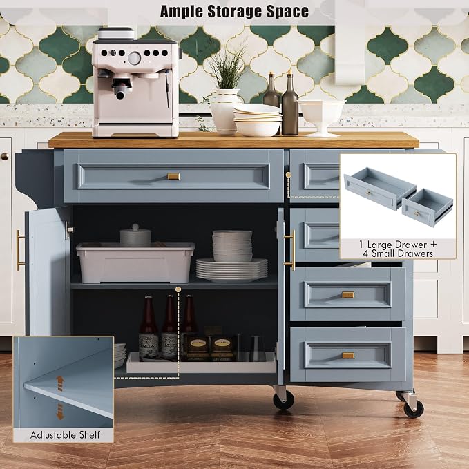 Large Kitchen Island with Rubber Wood Drop Leaf, Rolling Kitchen Cart with Ample Storage on Wheels with Doors and Drawers, Embossed Texture for Dining Room (52Inch, Grey, Golden Handle)