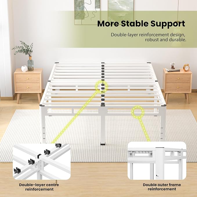 NKZ 20 Inch Queen Size Bed Frame, Metal Bed Frame & Box Spring 2 in 1 Platform with Round Corner Legs, 4000lbs Weight Capacity Reinforced Metal Frame, Headboard Hole, Noise-Free, Easy Assembly.