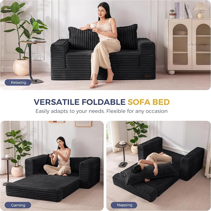MAXYOYO Convertible Sofa Bed, 2 in 1 Folding Couch Bed for Small Space, Pull Out Loveseat Sofa Couch with Large Back Pillow, Plush Faux Fabric Lounge Couch for Living Room, Apartment, Black