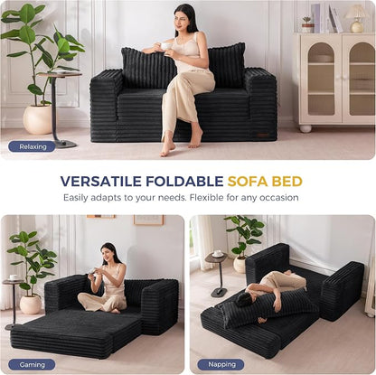 MAXYOYO Convertible Sofa Bed, 2 in 1 Folding Couch Bed for Small Space, Pull Out Loveseat Sofa Couch with Large Back Pillow, Plush Faux Fabric Lounge Couch for Living Room, Apartment, Black