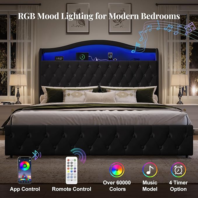 King Size Bed Frame and Headboard & 4 Storage Drawers, Upholstered Platform Bed Frame with RGB LED Lights & Charging Station, No Box Spring Needed, Easy Assembly, Noise-Free, Black