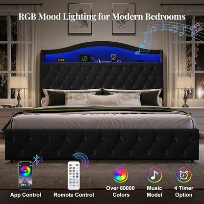 King Size Bed Frame and Headboard & 4 Storage Drawers, Upholstered Platform Bed Frame with RGB LED Lights & Charging Station, No Box Spring Needed, Easy Assembly, Noise-Free, Black