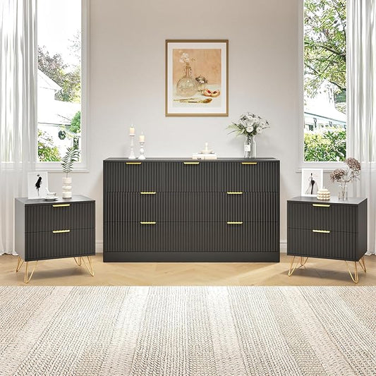 7 Drawer Dresser and Nightstand Sets, 3 Pcs Bedroom Set for Bedroom, Fluted Night Stand Set of 2 & 55" Wide Dresser w/Gold Handles, Modern Wood Chest of Drawers Storage Cabinet Set, Black