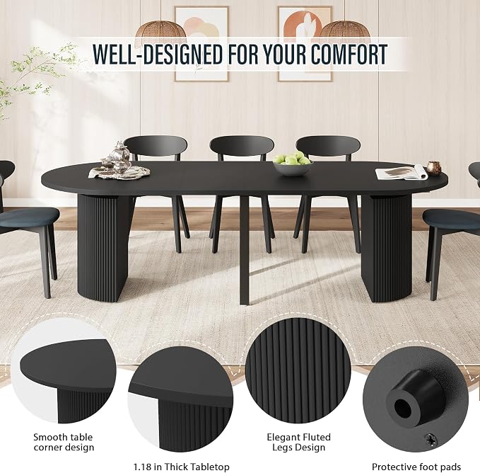 weselon 42"-105" Extendable Dining Table for 4-12, Expandable Oval Dining Room Table with Fluted Pedestal Base & Reinforced Metal Support Leg, Large Modern Kitchen Table for Dining Room (Black)