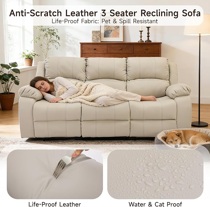 Reclining Couch Sofa Set Anti-Scratch Leather Recliner Couch Loveseat for Living Room, Bedroom, RV, Theater Seating(3 Seat Sofa+Loveseat,Beige)