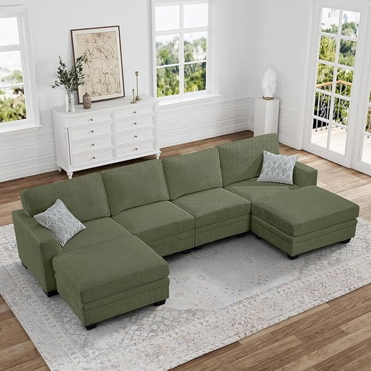 Legend Vansen Oversized Modular Sectional Sofa,6 Seat U Shaped Couch with Ottoman,Corduroy Sofa with Deep Seat,Convertible Large Sectional Couches for Living Room(Olive, U-6)