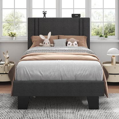 Feonase Twin Platform Bed Frame, Fabric Upholstered Twin Bed Frame, Solid Wood Slats & Heavy Duty Feet Support, No Box Spring Needed, Noise-Free, Easy Assembly, Dark Grey