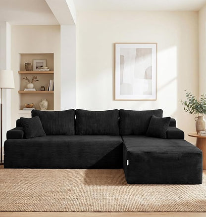 Hobestluk Modular Sectional Sofa Couches L-Shape Couch 3 Seat Modular Sofa Memory Foam Sectional Couches for Living Room, Cloud Couch with Oversized Chaise (Black Corduroy, 96", Right Hand Facing)