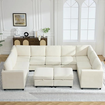 WUTUTUEE 25" Square Storage Ottoman for Modular Sectional Sofa, Convertible Couch Footrest with Hidden Compartment, Chenille Upholstered Coffee Table & Extra Living Room Seating, Beige