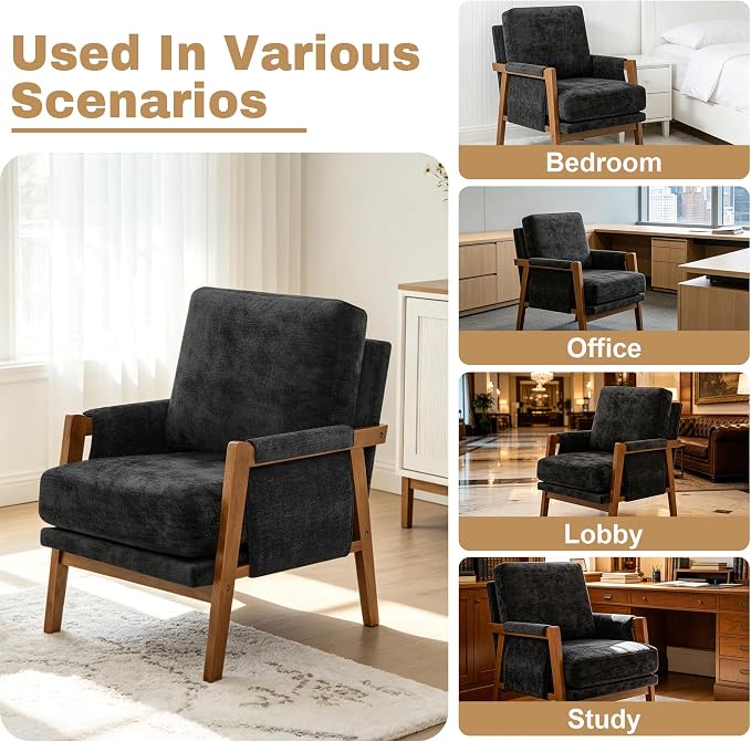 RNKSFX Black Accent Chair for Bedroom & Living Room, Mid Century Modern Accent Arm Chair, Upholstered Anthropologie Accent Chair with Solid Wood Frame, Fabric