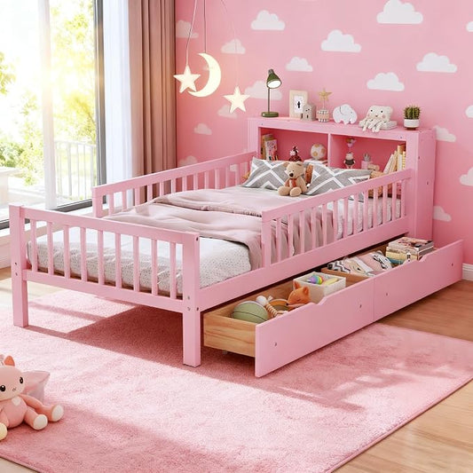 Bellemave Kids Twin Platform Bed with 2 Drawers & Storage Headboard, Kids Twin Bed Frame with 3-Side Guardrails for Girls Boys, Pink