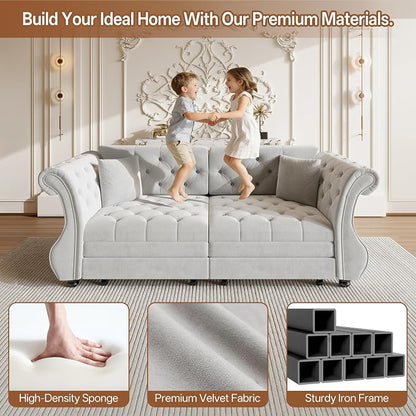 83.8" Oversized Pull Out Sofa Bed, Chesterfield Velvet Sleeper Sofa Couch with Roll Arm & Flower Tufting, Heavy Duty Metal Frame Convertible Sofa for Living Room, Apartment, Guest Room, Light Grey