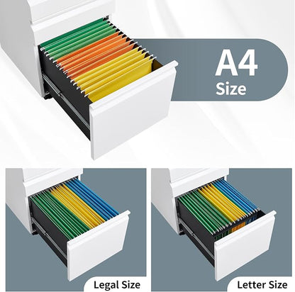 Approgreent Mobile File Cabinet for Home Office, Lockable 3 Drawer Filing Cabinet with Wheels for A4-Size/Letter-Size/Legal-Size, Fully Assembled Except Casters, White