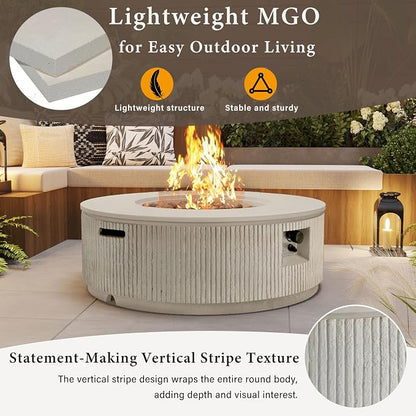 Merax 38.19'' MGO Propane Outdoor Fire Pit with Vertical Stripe Design, 50000 BTU Round Fire Pit Table with Steel Burner, Adjustable Flame Control, Lava Rocks & Rain Cover for Patio&Backyard, Beige