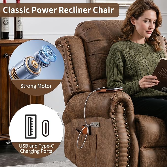 HAOMARKETS Classic Power Recliner Chair Set of 2 with Massage and Heat, Breathable Faux Leather Electric Recliner with USB Port, Overstuffed Reclining Sofa with Rivets for Living Room, Brown