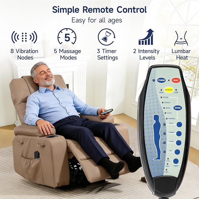 Brage Living Power Lift Recliner Chair for Elderly with Massage & Heat, PU Leather Electric Recliner with USB Charge Port, 160° Adjustable Recline, Stand Assist, Remote Control, Cup Holders (Brown)