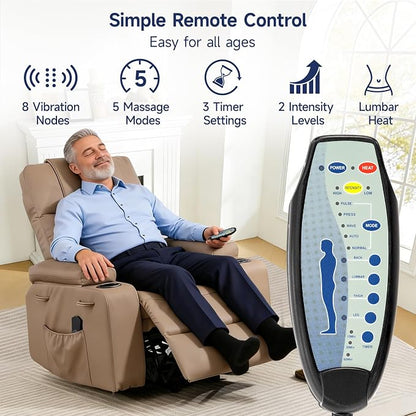 Brage Living Power Lift Recliner Chair for Elderly with Massage & Heat, PU Leather Electric Recliner with USB Charge Port, 160° Adjustable Recline, Stand Assist, Remote Control, Cup Holders (Brown)