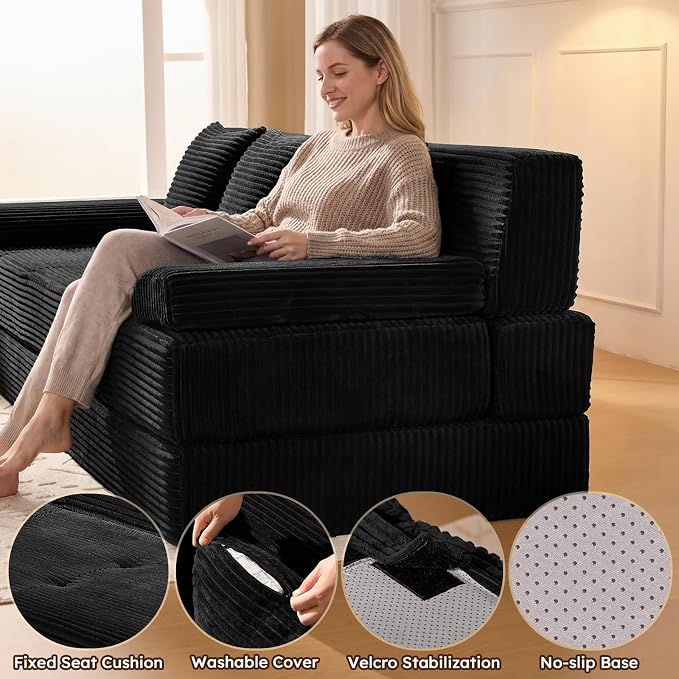 78.7IN Folding Sofa Bed - Convertible Sleeper Sofa Couch with Zippered Pillows, 3 Seater Couches Bed for Living Room, Bedroom, Apartment, No Assembly Required, Freestanding, Corduroy, Black