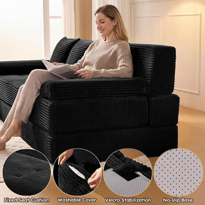 78.7IN Folding Sofa Bed - Convertible Sleeper Sofa Couch with Zippered Pillows, 3 Seater Couches Bed for Living Room, Bedroom, Apartment, No Assembly Required, Freestanding, Corduroy, Black