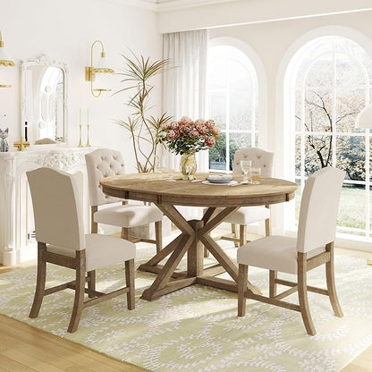 LUMISOL 42"-54" Extendable Round Dining Table for 4-6, Farmhouse Round to Oval Kitchen Table with 12" Removable Leaf and Pedestal Base, Wood Dinner Tables for Dining Room, Living Room, Natural