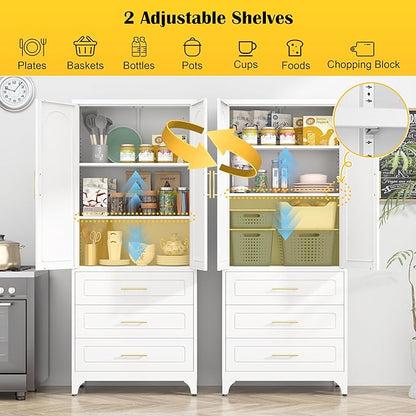 SteeLoong Metal Kitchen Pantry Cabinet with 3 Drawers，75 Inch White Food Pantry Cabinets for Kitchen Storage with 2 Adjustable Shelves,Tall Storage Cupboard for Living Room,Dining Room Office
