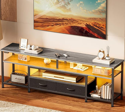 Huuger 63 Inch LED TV Stand for 65 70 Inch TV, Entertainment Center with Open Shelves and Power Outlets, TV Console for Living Room, Media Console with Drawers, Grey, 8779HC
