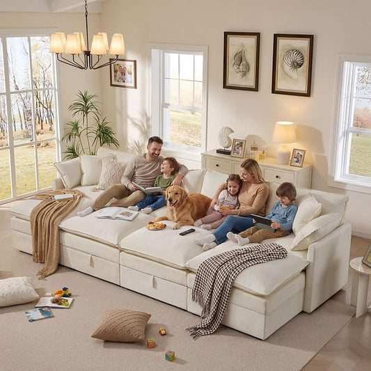 Ihanherry 135” Oversized Sectional Sofa Bed with Storage, 8-Seater Modular Cloud Couch with Movable Ottomans, Chenille Deep Seat Sleeper Couches for Living Room (Beige)