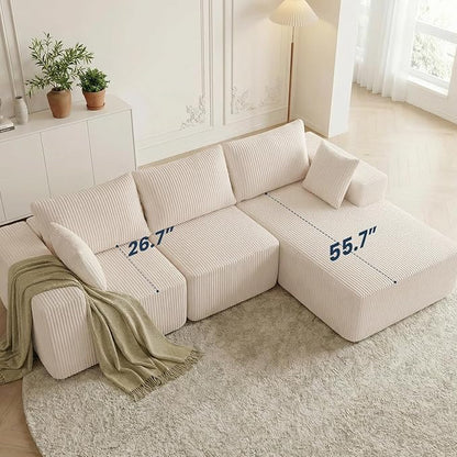 DUMOS 108" L-Shaped Sectional Boneless Couch for Living Room, Upholstered Corduroy Sofa with Deep Seat for Small Apartment, Bedroom, No Assembly in a Box, Right Facing Chaise, Beige