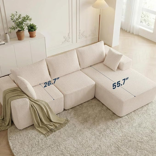 DUMOS 105" L-Shaped Sectional Boneless Couch for Living Room, Upholstered Corduroy Sofa with Deep Seat for Small Apartment, Bedroom, No Assembly in a Box, Right Facing Chaise, Beige