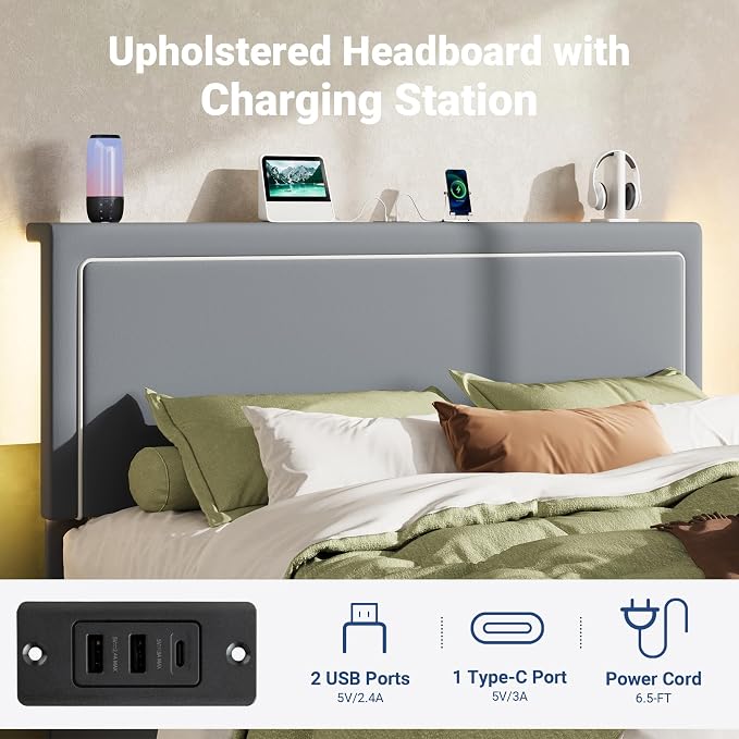 Allewie Queen Size Lift Up Storage Bed Frame with Charging Station & LED Lights, Adjustable Velvet Upholstered Storage Headboard, Type-C & USB Ports, Hydraulic Support, No Box Spring Needed, Grey