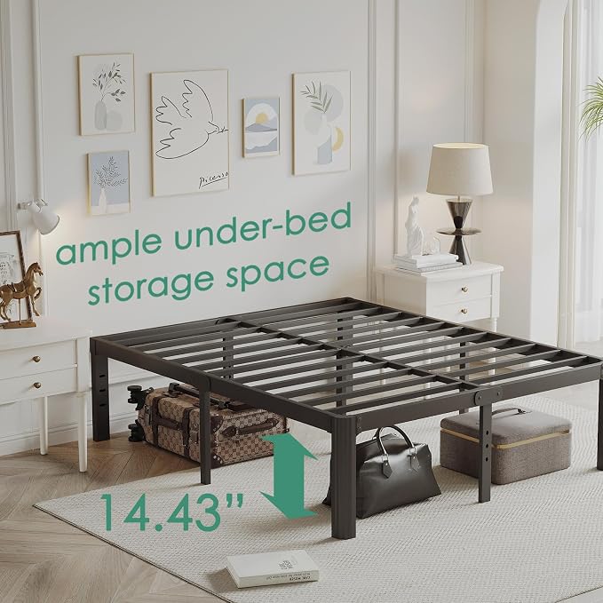 16 Inch High Platform Metal King Size Bed Frame, King Bed Frame no Box Spring Needed, Heavy Duty, Noise Free, Easy Assembly, Black